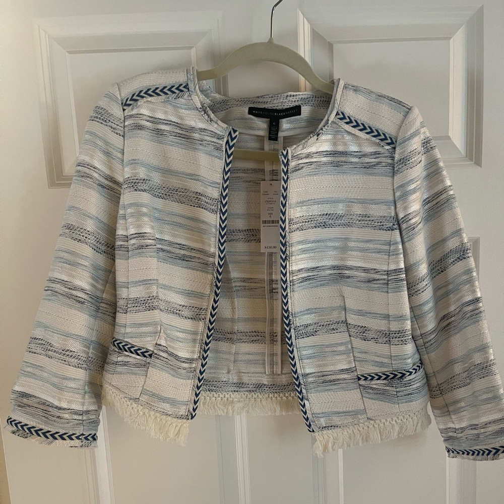 White House Black Market Fringe Trim Tweed Jacket - Size 6 - Color: Blue Opal